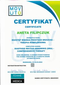 Certyfikat ze szkolenia Aneta Filipczuk - Rozstęp mięśnia Brzucha - Terapia Kompleksowa